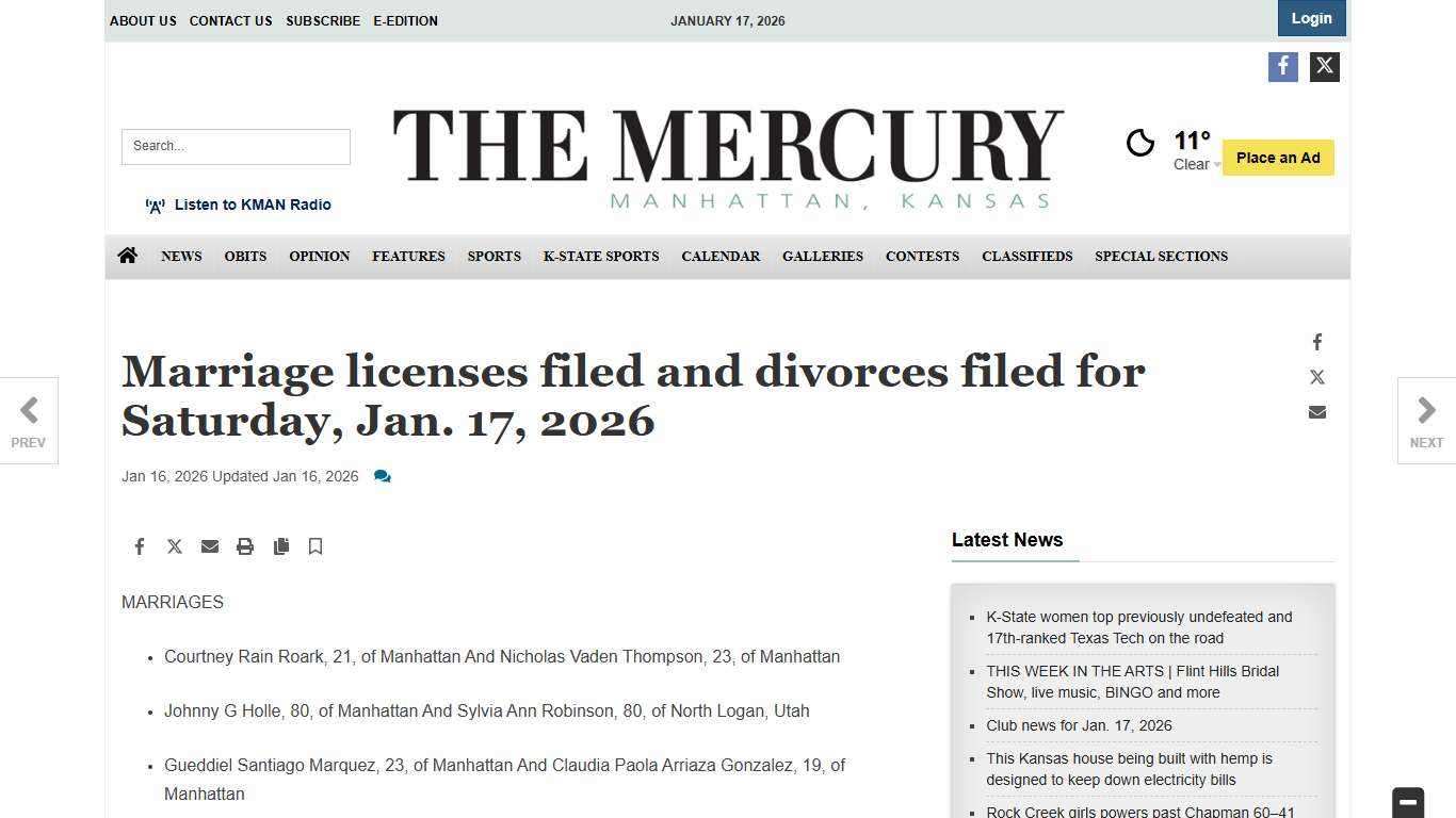 Marriage licenses filed and divorces filed for Saturday, Jan. 17, 2026 | News | themercury.com